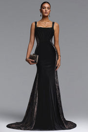 Kavaca Elegant Contour Square Neck Lace Velvet Maxi Dress